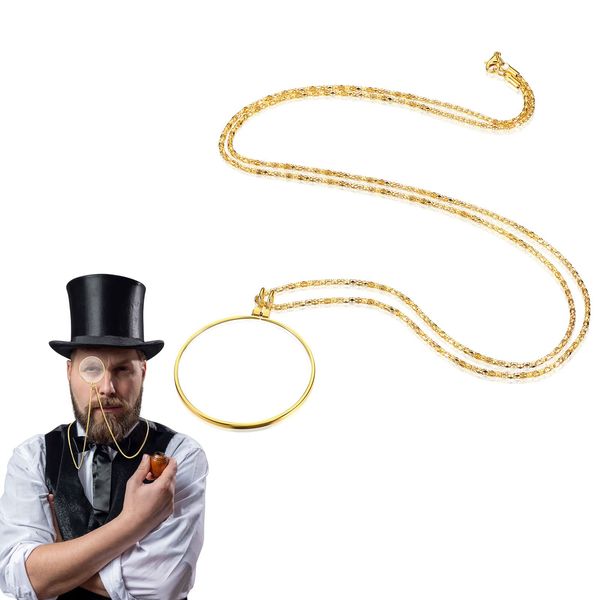 Gentleman's Monocle Magnifying Glass Necklace Pendant Monocle Eyeglass for Gentleman Costume Old Man Costume Accessories Fancy Dress Party Role Play, Golden Halloween