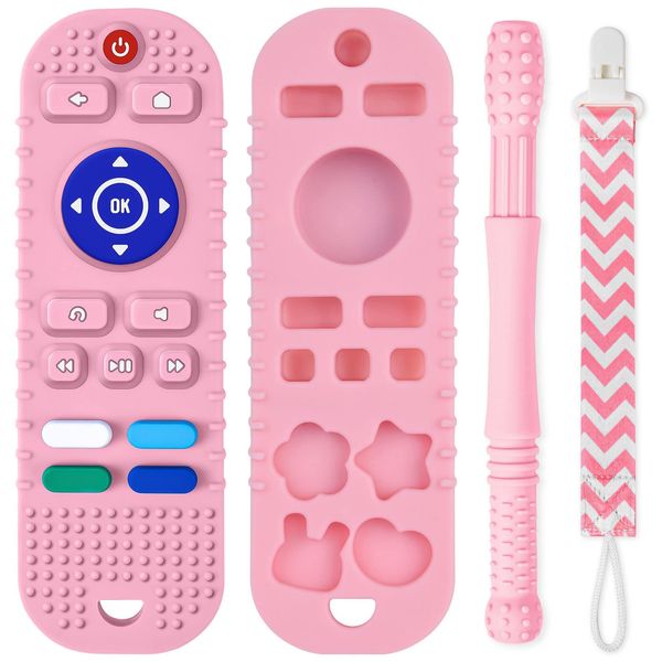 Baby Teething Toys, Remote Control Shape Teethers Toys with Hollow Teether Tube and Pacifier Clip, Silicone Baby Teething Toys for 3 Months+, Baby Teether Toy BPA Free Freezable Dishwasher (Pink)