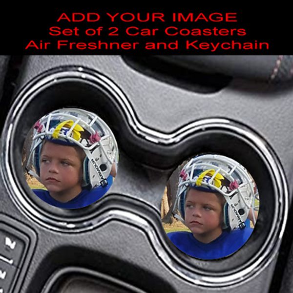 Car Coasters, Air Freshner and a Keychain  Personalized with your Image or Text