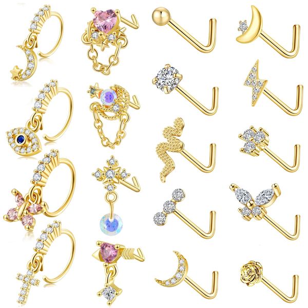 FIRAZIO 18Pcs 20G Dangle Nose Rings for Women Surgical Steel L Shape Nose Stud Rings Cute Flower Butterfly Heart Evil Eye Opal CZ Dangling Nose Piercing Jewelry