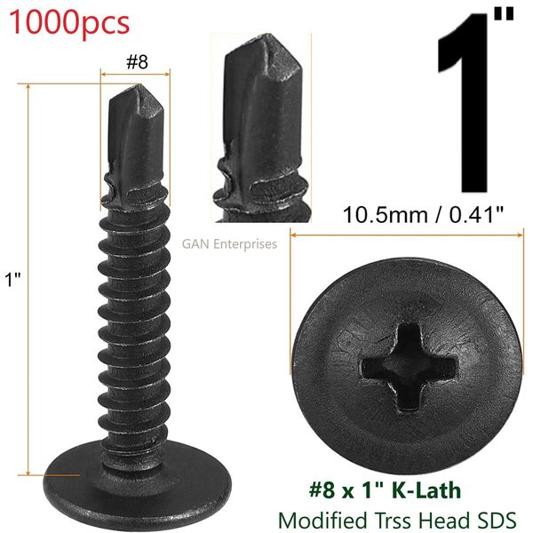 Modified Truss Head Self Drilling / Tapping Screws # 8 x 1" K-Lath Black (1000)