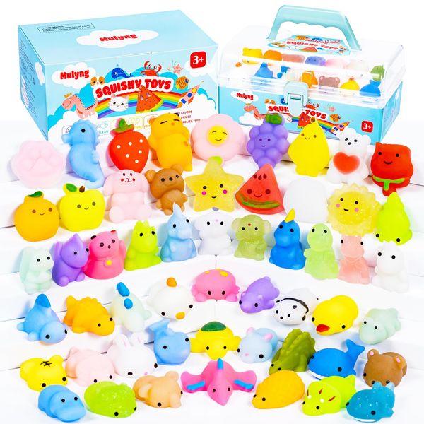 Mulyng Mochi Squishy Toys 100 Pcs, Mini Kawaii Squishies Fidget Toy for Kids Party Favor Christmas Birthday Gift Easter Goodie Bags Fillers Classroom Prizes with Storage Box, Non Duplicates (100 Pack)