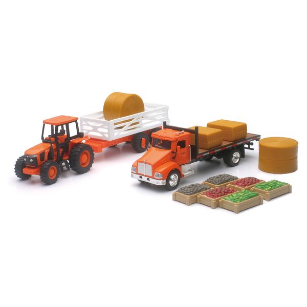 NewRay Kubota Farm Playset with M5 Tractor Truck Trailer Bales and Crates 1/43 Scale Model Vehicles