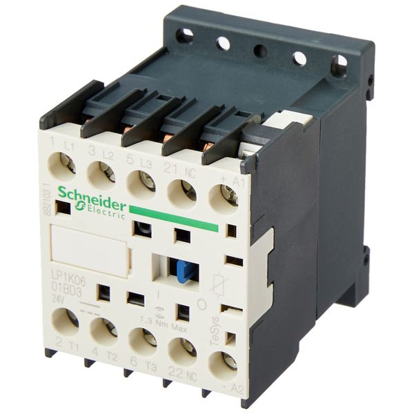 Schneider Electric lp1 K0601bd3 lp1-k minicontactor for Motor Control, Diode Suppressor Surge Protector Spikes Two-Way Built-in, 1 NC, 3P Poles, AC-3, 24 VDC, 690 Vac, 50/60Hz, 6 Amps