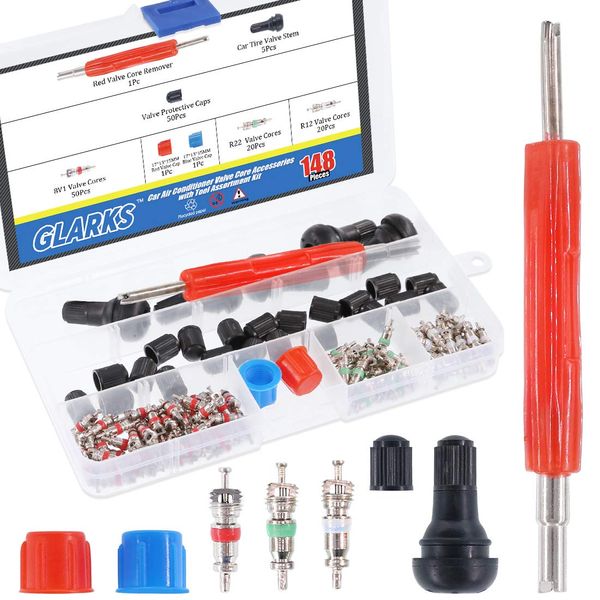 Glarks 148Pcs Tire Valve Car Air Conditioner Valve Core Kit, Tyre Air Valve Cap Tire Valve Core Tire Valve Stem Air Conditioning Valve Core with Dual Head Valve Core Remover Tool 6 in1 Tire Repair Set