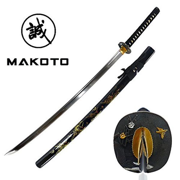 MAKOTO Hand Forged Razor Sharp 41" Black Samurai Katana Sword - Hand Painted Golden Cranes on Scabbard