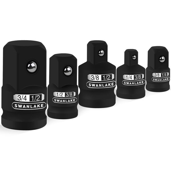 5-Piece Impact Adapter and Reducer Set, 1/2" to 3/8", 1/4" to 3/8", 3/8" to 1/4", 3/8" to 1/2", 3/4" to 1/2", Cr-V Steel, Ideal for Impact Drivers, Wrenches & Ratchets