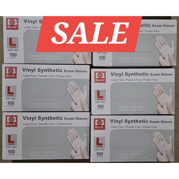 6 BOXES OF Vinyl exam gloves Size -L Clear (Cardinal Health Brand) 100 Count Box