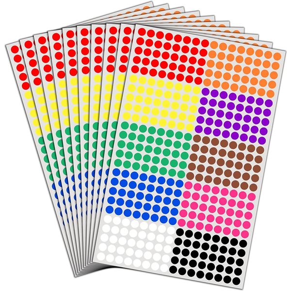 16000 Pack - 8mm Coloured Dot Stickers Sticky Labels - 10 Colours