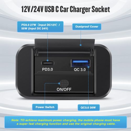 Thlevel Dual USB C Charging Socket 12V Car Charger 36W QC3.0 USB & 55W PD Type C Quick Charge Socket Outlet for 12V/24V Car Boats and Marine Motorcycle Truck