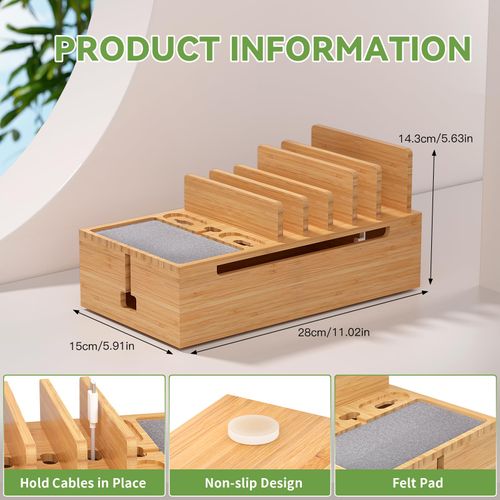 Bamboo Charging Stand Rack, Wooden Charge Box for Mobile Phones, Tablets, Smart Watch and Earbuds, Wire Cable Organizer Box, Bedside Dock Stand Holder (NO Power Adapter Supply) -Natural Color