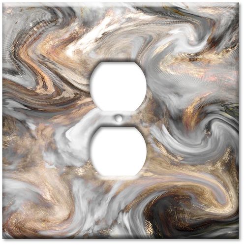 JUMBO Metal Outlet Cover, 2 Gang Oversize Electrical Outlet Cover Plate (for 1 Centered Device), Wall Plate for Duplex Outlets - 5.5" x 5.5" - Made in USA - Grey and Brown Swirl Marble - Granite Print