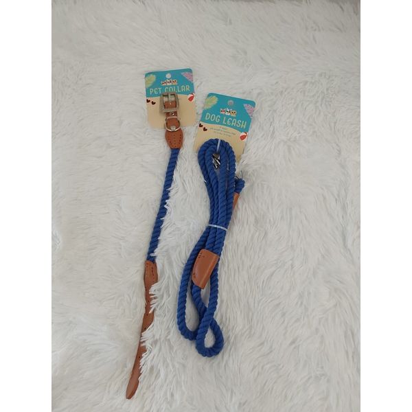 Blue Polyester Rope Pet Collar (Med. 12"-14") & Matching Dog Leash (33-66 Lbs)