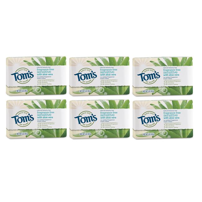 Tom's of Maine Natural Beauty Bar Soap for Sensitive Skin With Aloe Vera, Fragrance-Free, 5 oz. 6-Pack (Packaging May Vary)