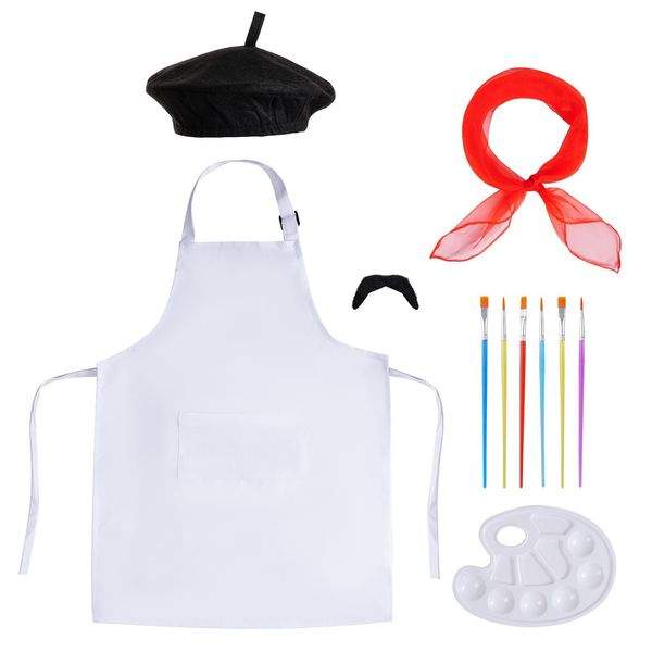 mifengda 11Pcs Kids Artist Costume Halloween Painter Dress Up Boy Girl Kids Artist Costume Accessories Set Include Beret Hat Apron Painter Brush Beard Paint Trays Scarf for Party Costume