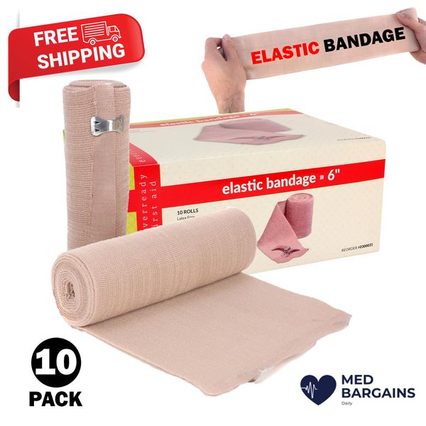 Ever Ready First Aid 6" Elastic Bandage with Clips Latex Free - Box of 10 Rolls
