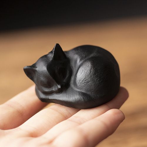 OwMell Tiny Sleeping Cat Statue Hand-Carved Healing Stone Gemstone Little Kitten Statue Figurine 2" - Black Obsidian Small