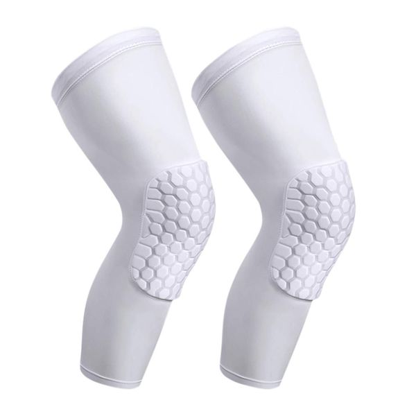 PISIQI Knee Compression Pads Long Leg Sleeve Brace Protection for Basketball, Football & Volleyball (2 Sleeves) (White, S)