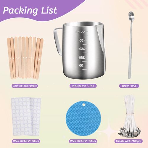 Candle Making Wax Melter，600ml Melting Pot, 100pcs Candle Wicks, 100pcs Wick Stickers, 10pcs Wick Holders & Anti-Sway Mat, for Scented Candle Making and Wax Product Craft