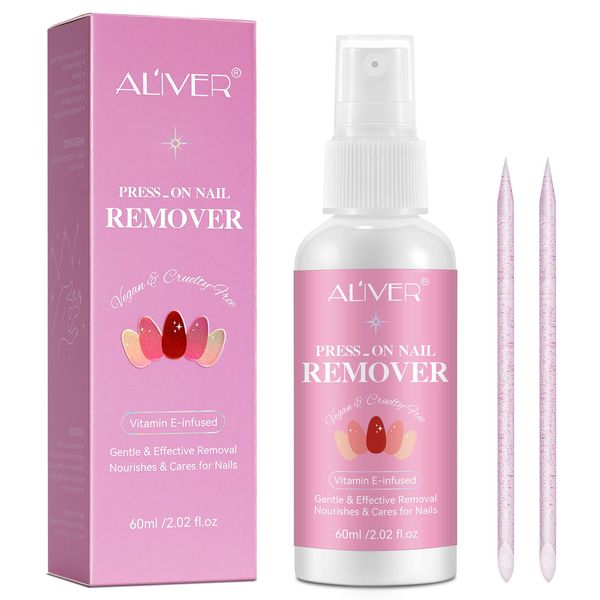 Nail Glue Remover for Press on Nails, 60ml Vitamin E False Nail Remover for Fake Nails, Nail Polish Remover, Acrylic Nail Tips with Cuticle Pusher Adhesive False Nail Remover Accessories for Nail Art