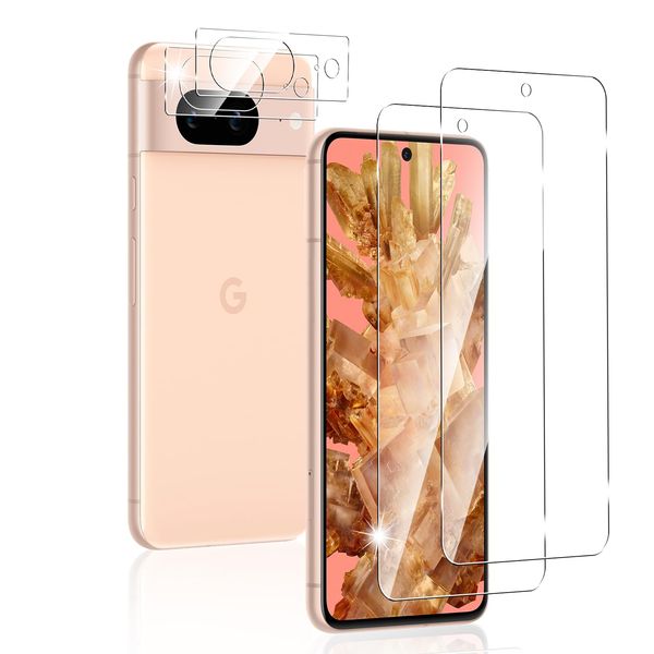 Sungale Google Pixel 8 Glass Film, Fingerprint Authentication Compatible, 4-Piece Set, Pixel8 Film 2 + Pixel 8 Camera Film, Tempered Glass, Full Protection, Asahi Glass Material, Lens Protection Film,