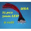 25 PRE WIRED AMBER/YELLOW LED LIGHTS 5mm 9 VOLT 9V WIRE