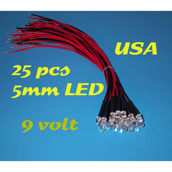 25 PRE WIRED AMBER/YELLOW LED LIGHTS 5mm 9 VOLT 9V WIRE