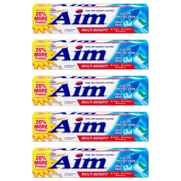 Aim Multi-Benefit Cavity Protection Gel Toothpaste, Ultra Mint 5.50 oz (Pack of 5)