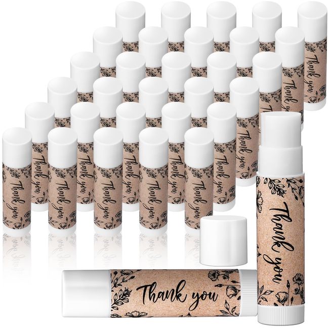 Redbaker 30 Pcs Thank You Lip Balms Bulk Wedding Bridal Shower Favors for Guests Wedding Souvenirs Moisturizing Floral Lip Balm Gifts for Bachelorette Party Bridesmaid Baby Shower, Classic Wood Grain