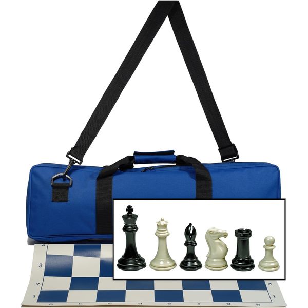 WE Games Tournament Chess Set with Deluxe Electric Blue Canvas Bag, Triple Weighted Chess Pieces with 4.0 inch King, Vinyl Roll-Up Chess Board 20 inches, Travel Chess Set for Adults
