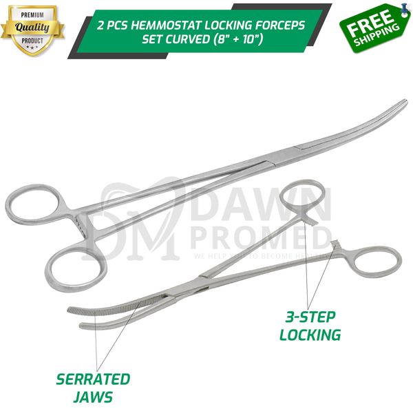 2pc Set 8" + 10" Curved Hemostat Forceps Locking Clamps Fishing Plier German Gr