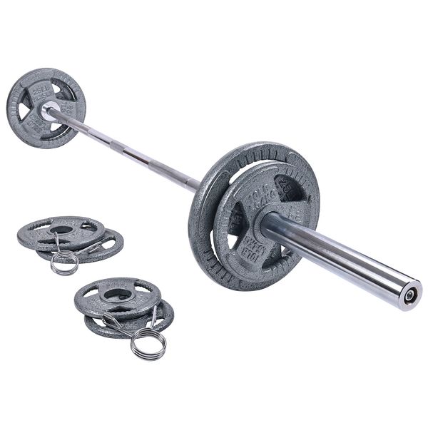 Signature Fitness Cast Iron Olympic 2-Inch Weight Plates Including 7FT Olympic Barbell, 130-Pound Set (85 Pounds Plates + 45 Pounds Barbell), Multiple Packages, X-Gen Style