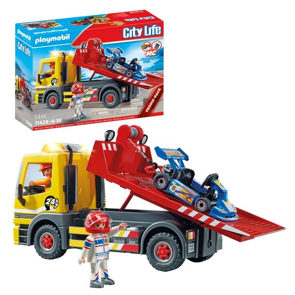 Playmobil Tow Truck Toy Playset - Towing Service - 54 Piece Bundle Includes Truck Driver and Racer Figures Along with Truck and Go Kart - Working Truck Ramp with Flashing Lights and Retractable Winch