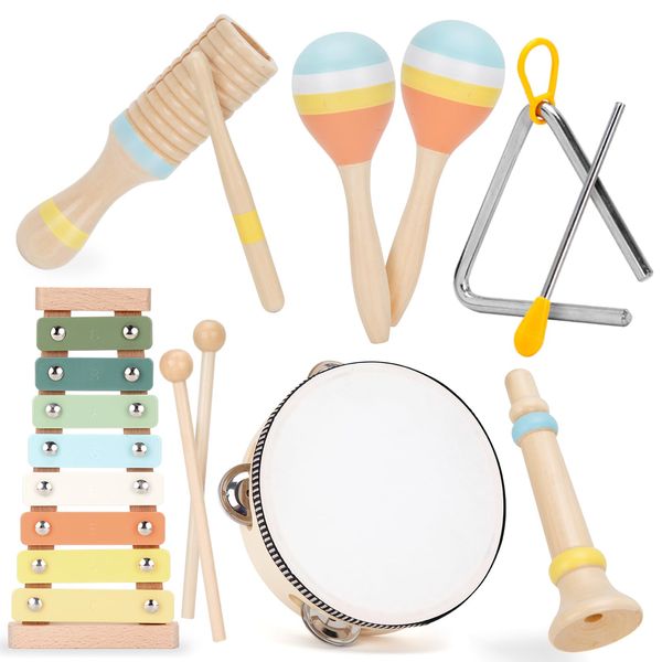 ZJEFUNS Baby Musical Instruments Set Wooden Montessori Toys for Toddlers 1-3 Percussion Instruments Set Modern Boho Music Toys for Kids Preschool Educational.