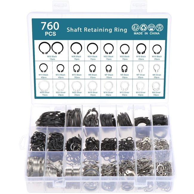 HSEAMALL 760 Stück externe Halteringe Sprengringe Sortiment Kit, E-Clips Sicherungsringe Set auf gerillten Schäften, Stiften, Nieten, Schwarz & Silber C-Clips)