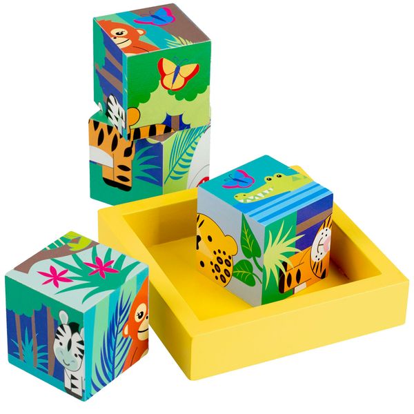 Orange Tree Toys: Jungle Animals - Four Blocks Puzzle - Hand Painted Colorful Wooden Toy, Chunky Animal Blocks, Educational, Toddlers & Kids, Ages 1+