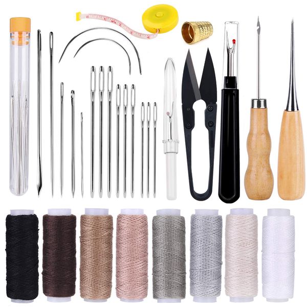 32 Pcs Leather Sewing Kit, Upholstery Repair Kit with 8 Colors Sewing Thread, Leather Sewing Needles, Awl, Scissors, and Seam Ripper, Leather Stitching Kit for Leather Sewing Repair Bookbinding