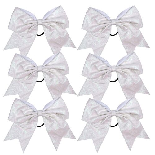 Cheerleader Bows Cheerleading 8 inch Sparkle Glitter Ponytail Holder Hair Tie School for High School College Girl Team Sports 6 Pcs (White)