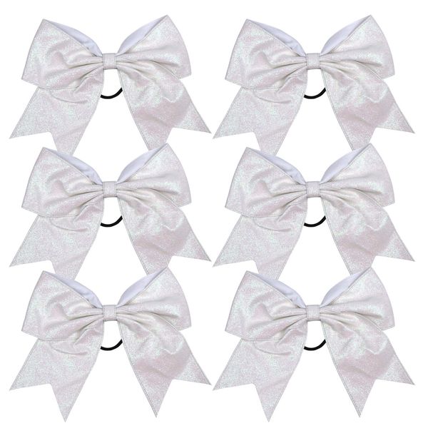 Cheerleader Bows Cheerleading 8 inch Sparkle Glitter Ponytail Holder Hair Tie School for High School College Girl Team Sports 6 Pcs (White)