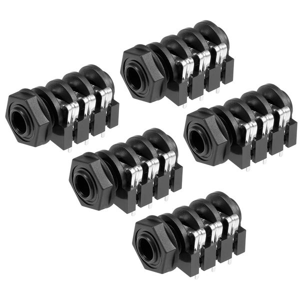 sourcing map PCB Mount 6.35mm 6 Pin Socket Headphone Stereo Jack Audio Video Connector Black 5Pcs