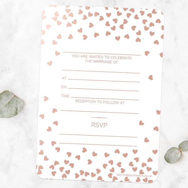 Dotty about Paper Rose Gold Foil Metallic Hearts - Premium Wedding Invitations - Contemporary, Confetti, Glittering. Pack of 10 Perfect for Friends and Family, Envelopes Included