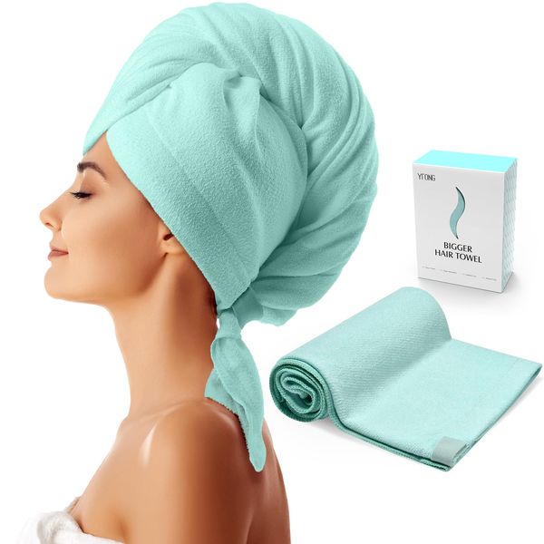 YFONG Large Microfiber Hair Towel Wrap for Women Wet Curly, Long, Thick Hair, Ultra-Absorbent Quick Dry Hair Towel, Anti Frizz Hair Turban with Elastic Band