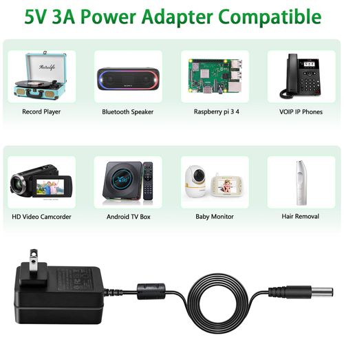 DC 5V 3A Power Supply Adapter, for 5Vdc Crosley Record Player Victrola Vinyl Record Player Massager Gun Bluetooth Speaker Earbuds Headphones.