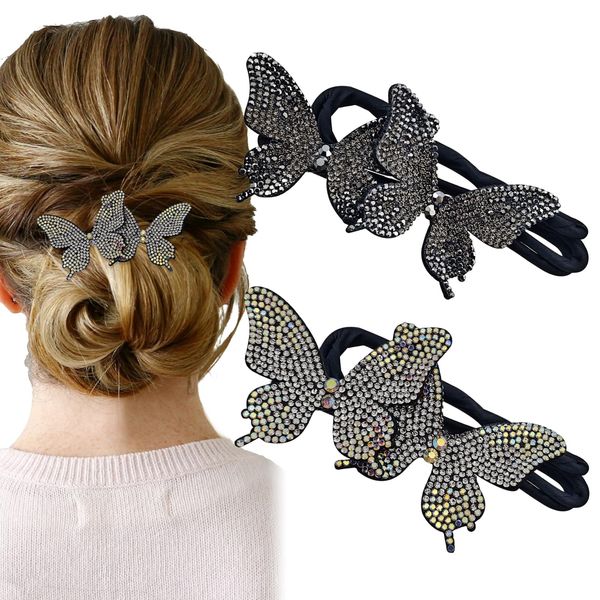 2 PACK Rhinestone Butterfly Hair Bun Maker, Elegant Lazy Hair Curler, Rhinestone Hair Bun Maker, French Hairstyle Twist Bun Maker, Elegant Hair Accessories For Women Girls