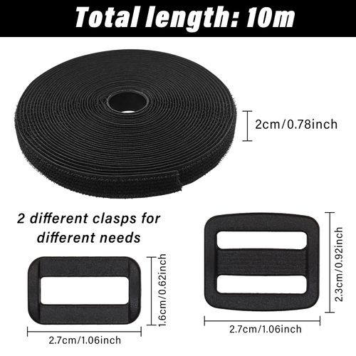 10 m Velcro Tape with 50 Buckles, Free Cutting Length Velcro Cable Ties 2 cm Wide, Reusable Cable Ties Black Velcro Tape for Home Office, Office and Garden