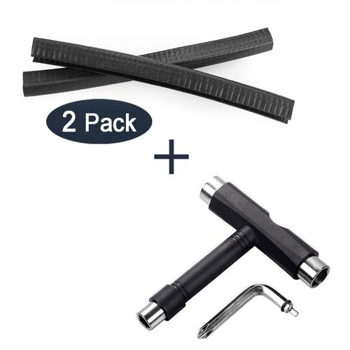 YOUSHARES 2 Pack Skateboard Deck Nose Guard and Tail Guard, Electric Longboard Edge Protector with Skateboard Tools, T-Type Skate Tool (Black)