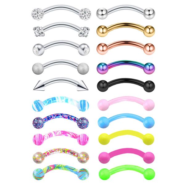 EVELICAL 20Pcs 16G Eyebrow Piercing Rook Curved Barbell Kit Eyebrow Tragus Lip Rings for Women Men 8mm