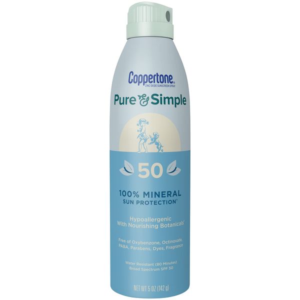 Coppertone Pure and Simple Zinc Oxide Mineral Sunscreen Spray SPF 50, Water Resistant, Broad Spectrum SPF 50 Sunscreen for Sensitive Skin, 5 Oz Spray