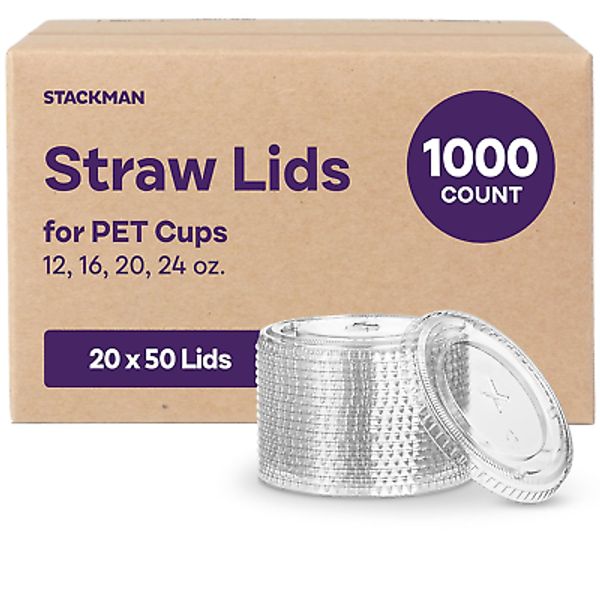 [1000-Pack] Disposable Flat Plastic Cups Lids with Straw-Slot [Ultra-Clear PET]