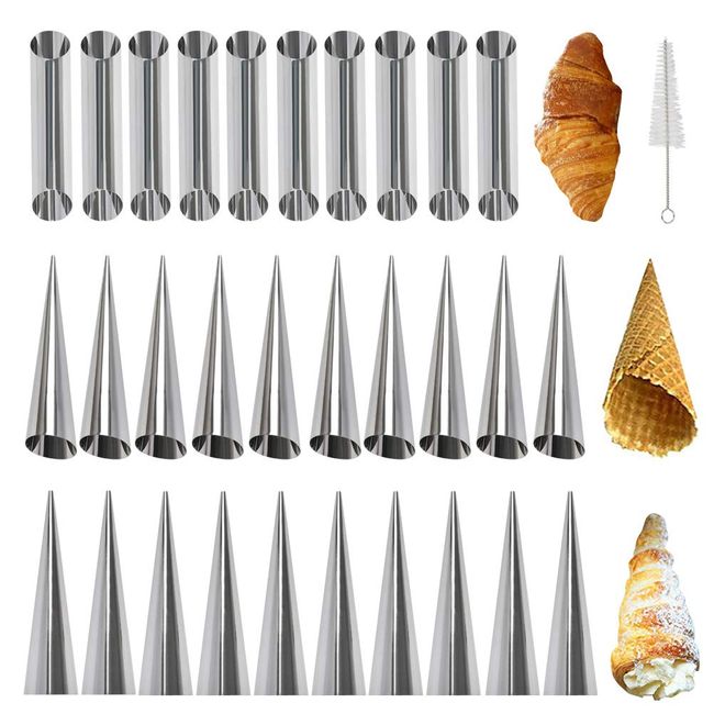 31Pcs Stainless Steel Cannoli Forms Tube Set, 10 Cannoli Tubes Cannoli Forms, 20 Flat & Beveled Cones Mold, Non-Stick Cream Horn Molds with for Danish Pastry Lady Lock Form Cream Roll Croissant